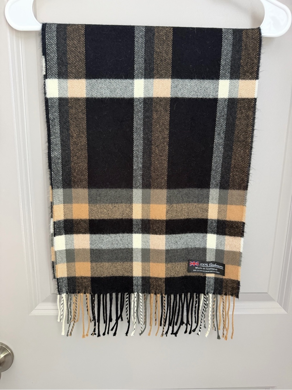 Cashmere Woven Plaid Fringe Rectangle Scarf Unisex Black Gray Beige Cream